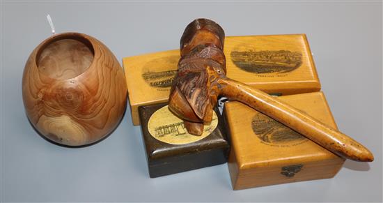 A turned wood pot, a carved wood Gladstone pipe and four Mauchline ware boxes,